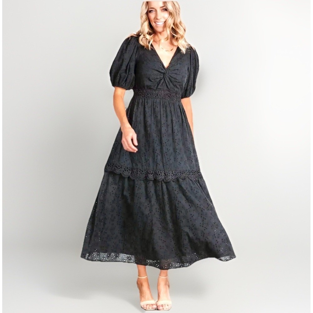 Baltic Born Black Eyelet Puff-Sleeve Maxi Dress